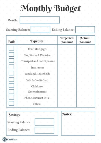 Cashfloat provides a monthly budget for the family