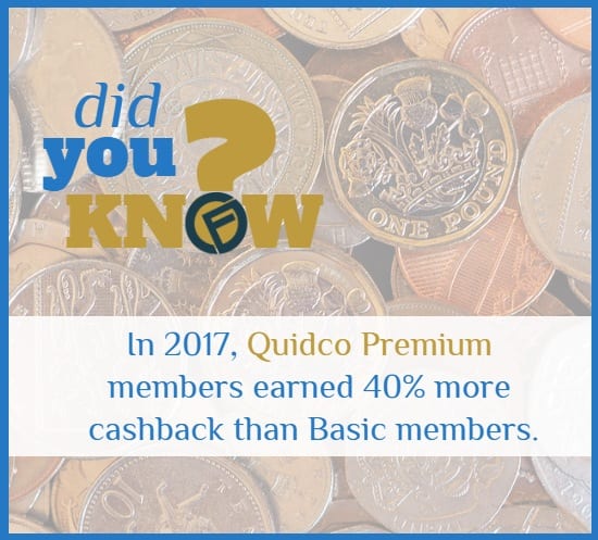 In 2017, Quidco Premium members earned 40% more cashback than Basic members.  - Cashfloat