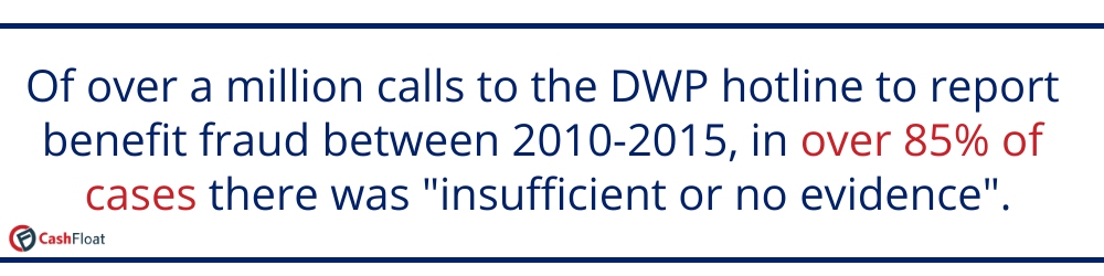 of a million calls to report benefit fraud between 2010-2015, over 85% had insufficient or no evidence