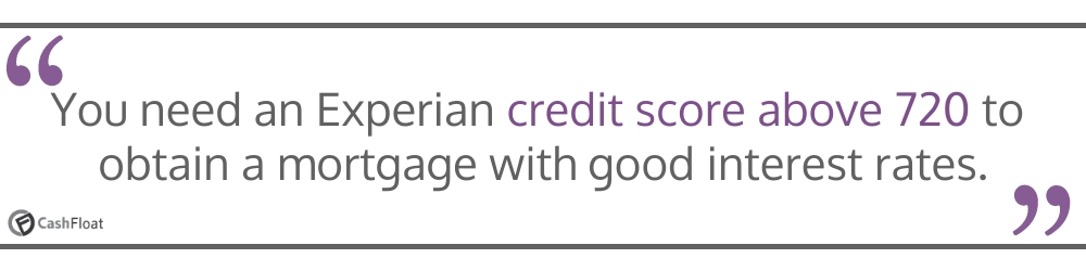 You need an  Experian credit score above 720 to obtain a mortgage with good interest rates- Cashfloat