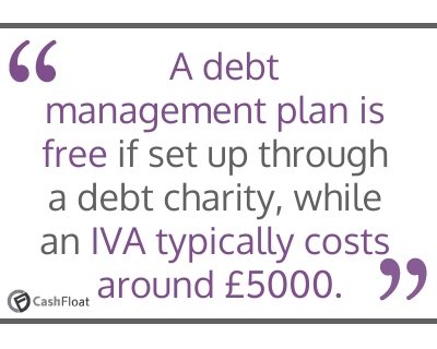 A debt management plan is free if you set it up through a debt charity, while an IVA typically costs around £5000- Cashfloat