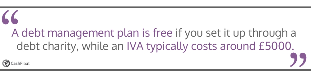 A debt management plan is free if you set it up through a debt charity, while an IVA typically costs around £5000- Cashfloat