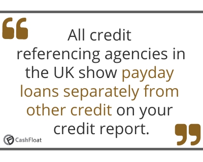 All credit  referencing agencies in the UK show payday loans separately from other credit on your credit report- Cashfloat