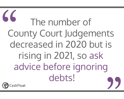 The number of  County Court Judgements decreased in 2020 but is rising in 2021, so ask advice before ignoring debts- Cashfloat