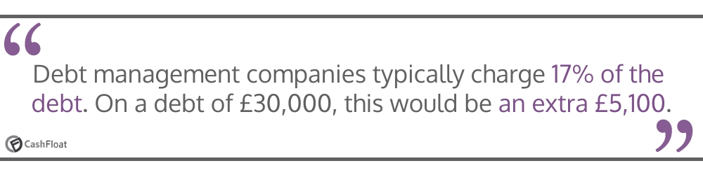 Debt management companies typically charge 17% of the debt. On a debt of £30,000, this would be an extra £5,100- Cashfloat